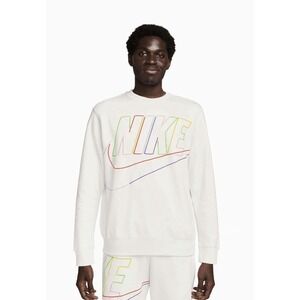 Nike Club Fleece+ Off White Crewneck Sweatshirt Rainbow Spellout Logo Mens Large